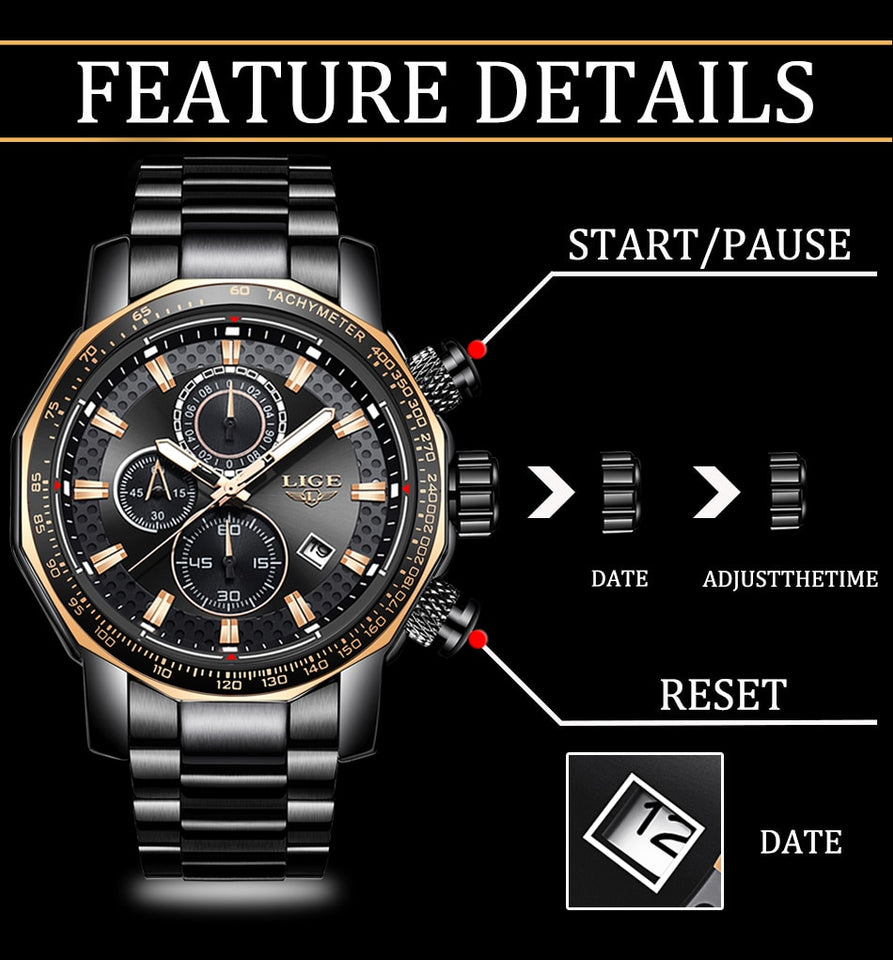 Relogio Masculino LIGE Mens Steel Quartz Waterproof Watch