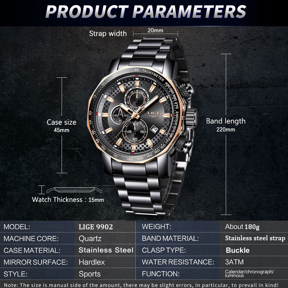 Relogio Masculino LIGE Mens Steel Quartz Waterproof Watch